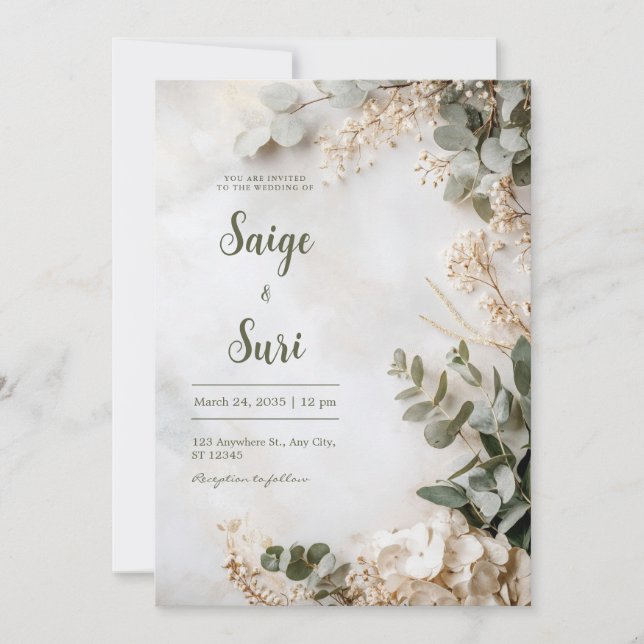 Neutral Eucalyptus Floral Wedding Invitation (Front)