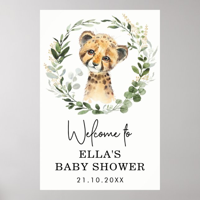 Neutral Eucalyptus Greenery Leopard Baby Shower Poster (Front)