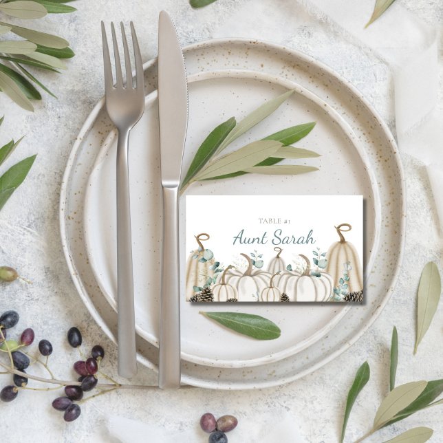 Neutral Fall Theme Seating Table Number Placecards (neutral beige, white and cream table number place cards for fall autumn thanksgiving dinner party)