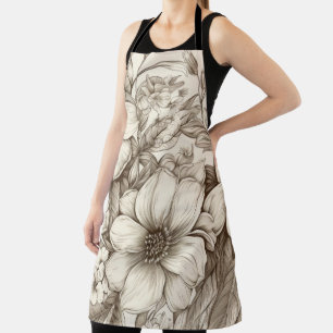 Neutral Farmhouse Sepia Floral Cream Botanical Apron