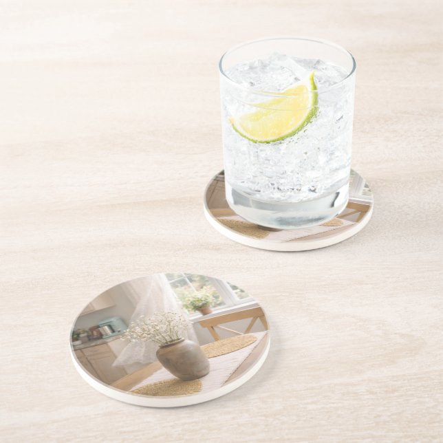 Neutral Farmhouse Wildflower Floral Sandstone Coaster (Side)