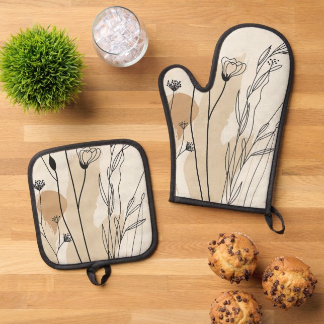 Neutral Flora Oven Mitt & Pot Holder Set (Top Down)