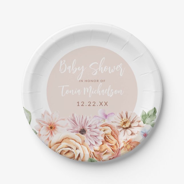 Neutral Floral Baby Shower Paper Plate (Front)