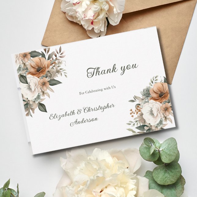 Neutral Floral Botanical Beige Greenery Wedding Thank You Card (Neutral Flowers Floral Botanical Greenery Wedding Thank you card)