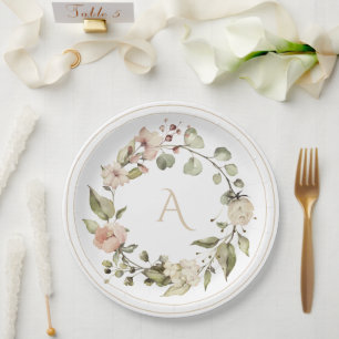 Neutral Floral Botanical Monogram Wedding Elegant Paper Plate