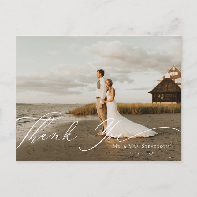 Neutral Floral Calligraphy Wedding Photo Thank You Postcard (Front)