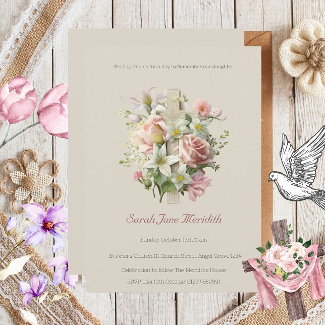 Neutral Floral Cross Baptism   Invitation (Neutral Floral Cross Baptism Invitation )