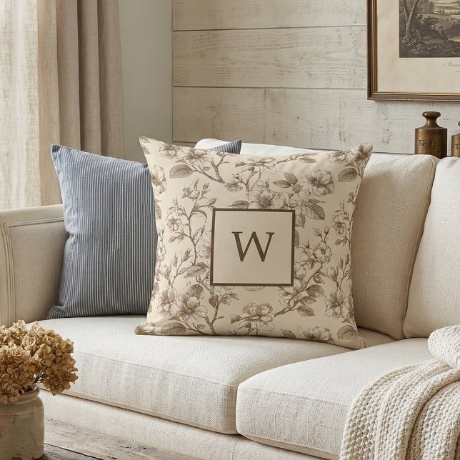 Neutral Floral Monogram Vintage  Cushion (Creator Uploaded)