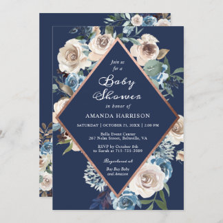 Neutral Floral Navy Blue Rose Gold Baby Shower Invitation