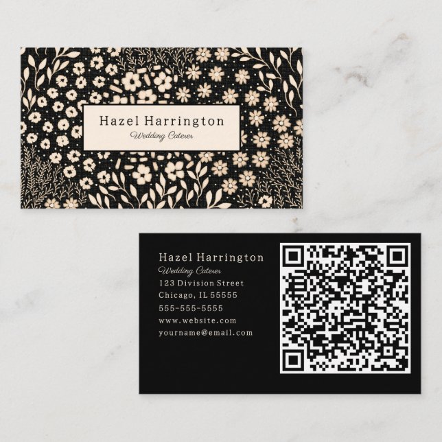 Neutral Floral QR Code Business Card Black Beige (Front/Back)