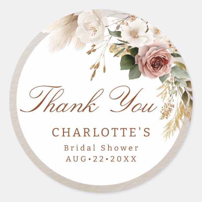 Neutral Floral Thank You Sticker for Bridal Shower (Front)