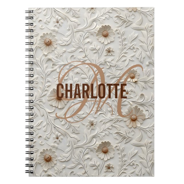 Neutral floral tooled leather  monogram name notebook (Front)