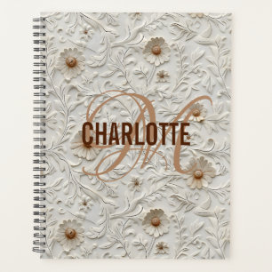 Neutral floral tooled leather monogram name planner