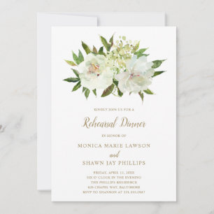 Neutral Floral White Ivory Gold Rehearsal Dinner Invitation