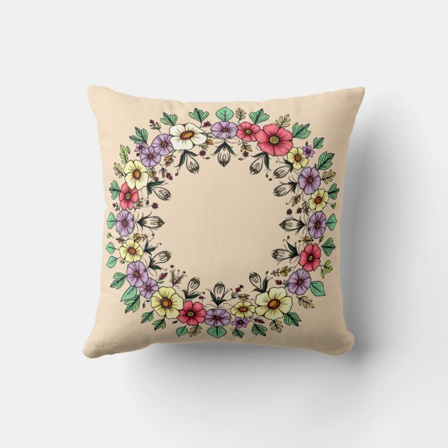 Neutral Floral Wreath Throw Pillow (Back)
