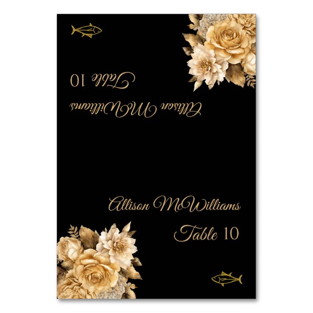 Neutral Flower Bouquet- Wedding-Fish Icon- Table Number (Front)
