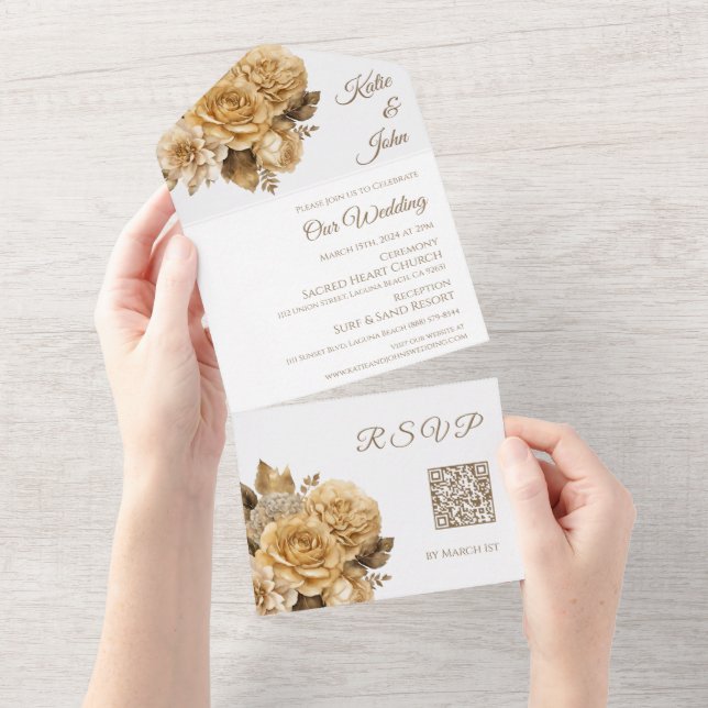 Neutral Flower Bouquet-White Wedding QR code- All In One Invitation (Tearaway)