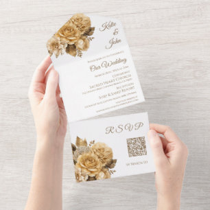 Neutral Flower Bouquet-White Wedding QR code- All In One Invitation