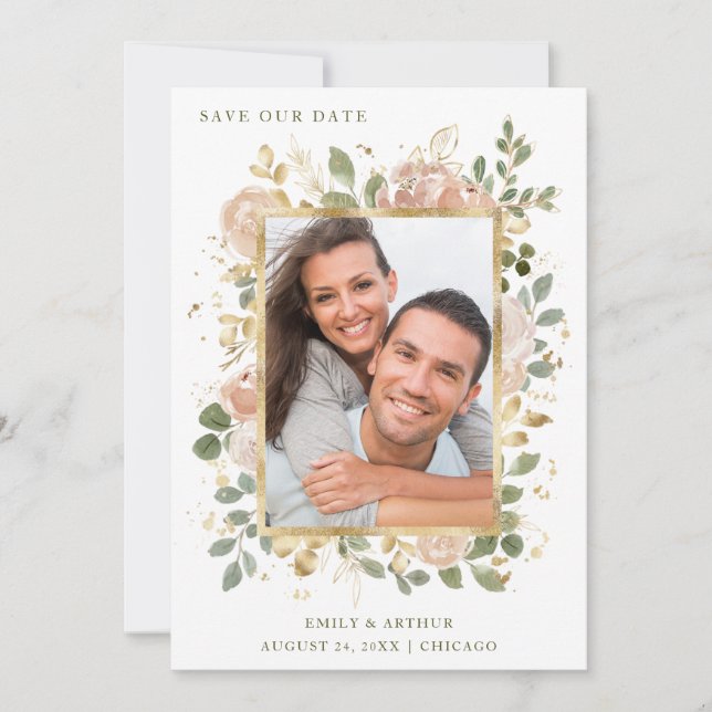 Neutral Flowers on White | Gold Photo Frame Save The Date (Front)