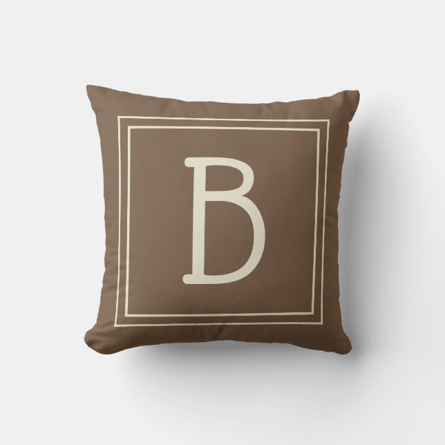 Neutral Framed Monogram Initial Modern Brown Cream Cushion (Front)