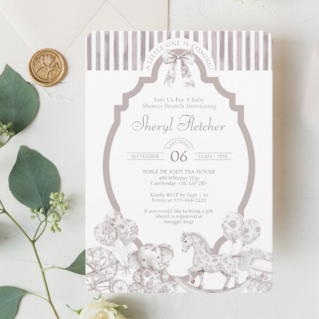 Neutral French Toile Gender Neutral Baby Shower Invitation (Timeless toile de jouy baby shower invite with elegant vintage charm.







)