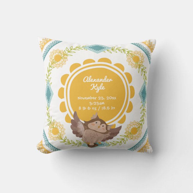 NEUTRAL Gender Birth Stats Baby woodland owl Cushion (Front)