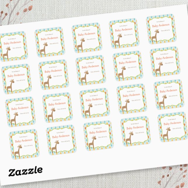 Neutral Gender Giraffe Baby Bookplates Square Sticker (Creator Uploaded)