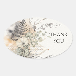 Neutral Geometric Fern Botanical Wedding Thank You Oval Sticker