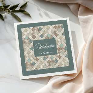 Neutral Geometric Green Napkins Custom Name Chic