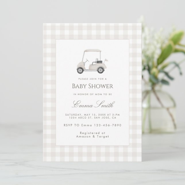 Neutral Gingham Golf Cart Baby Shower Invitation (Standing Front)