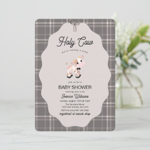 Neutral Gingham Holy Cow Farm Animals Baby Shower Invitation