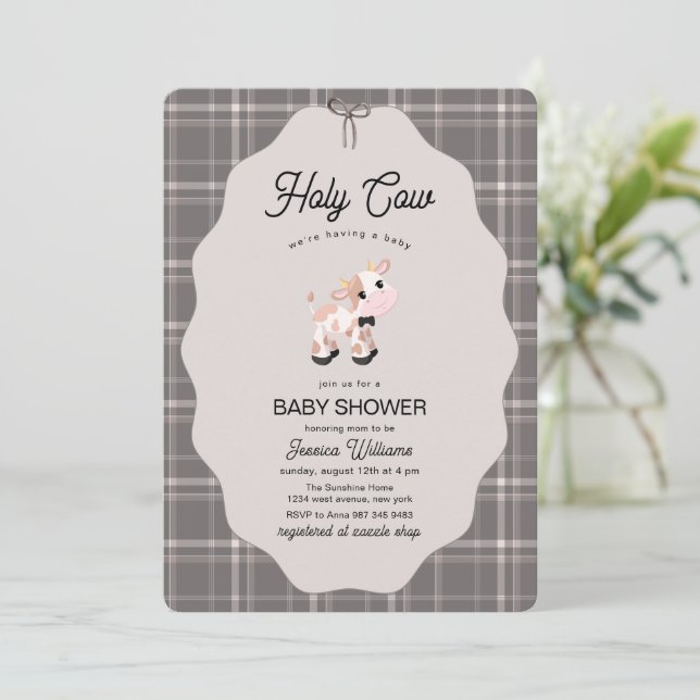 Neutral Gingham Holy Cow Farm Animals Baby Shower  Invitation (Standing Front)