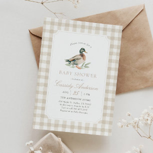 Neutral Gingham Mallard Duck Baby Shower Invitation
