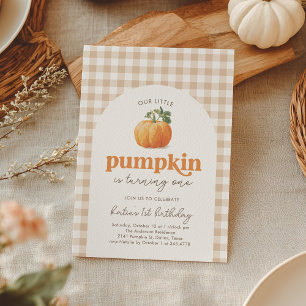Neutral Gingham Pumpkin 1st Birthday Invitation
