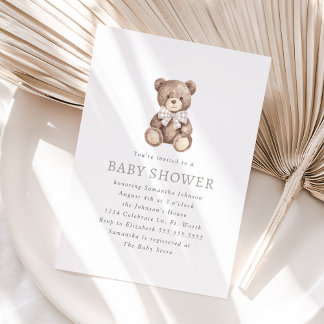 Neutral Gingham Simple Teddy Bear Baby Shower Invitation