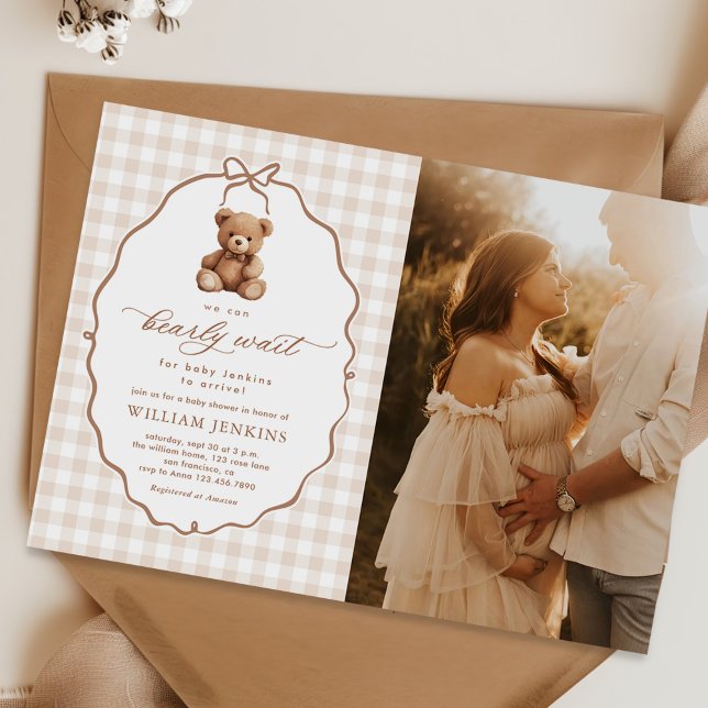 Neutral Gingham Teddy Bear Baby Shower Photo Invitation (Creator Uploaded)