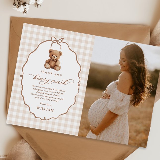Neutral Gingham Teddy Bear Baby Shower Photo Thank You Card (Creator Uploaded)