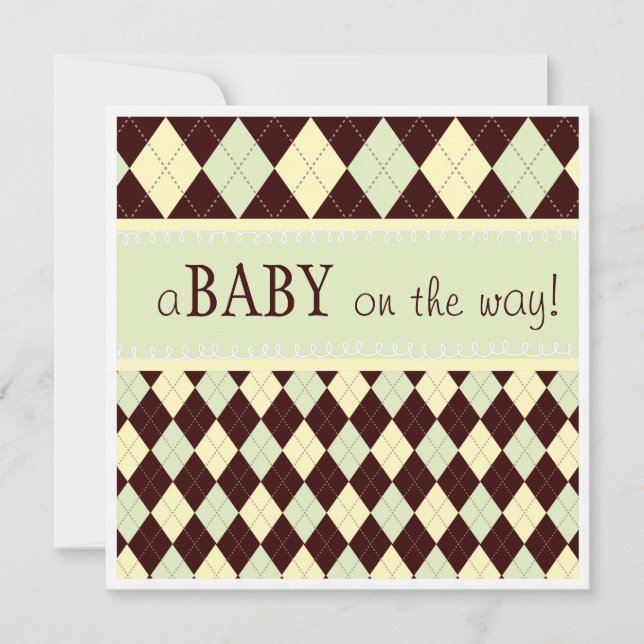 Neutral Green Argyle Baby on the Way Baby Shower Invitation (Front)