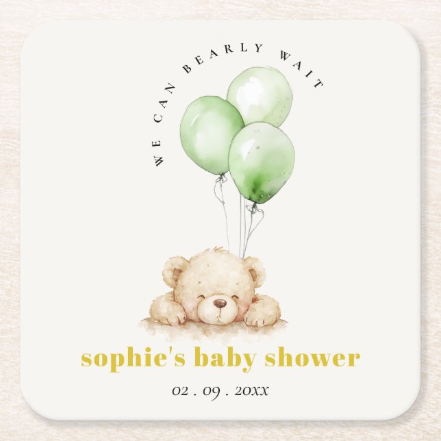 Neutral Green Bearly Wait Balloon Baby Shower Square Paper Coaster (Front)