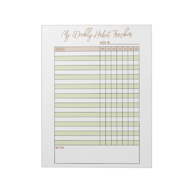Neutral Green Brown Weekly Habit Tracker Notepad (Rotated)