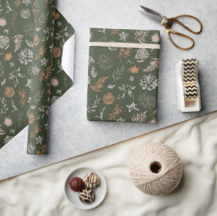 Neutral Green Coloured Floral Print Pattern Wrapping Paper