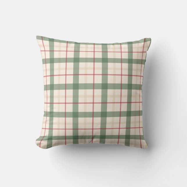 Neutral Green Plaid Farmhouse Throw Pillow (Front)