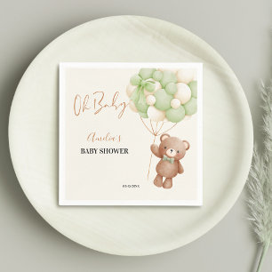 Neutral Green Teddy Bear Oh Baby Balloon Baby Napkin