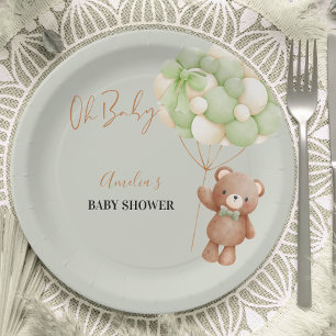 Neutral Green Teddy Bear Oh Baby Balloon Baby Paper Plate