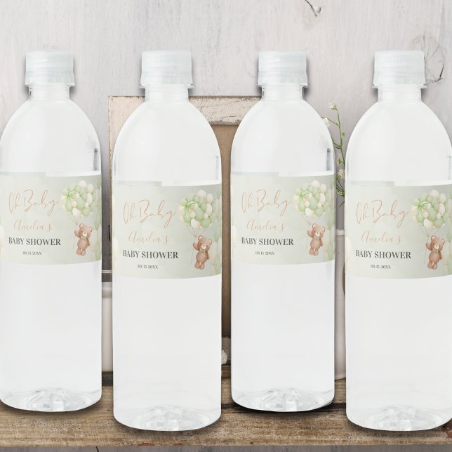 Neutral Green Teddy Bear Oh Baby Balloon Baby  Water Bottle Label (Creator Uploaded)