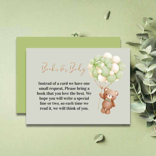 Neutral Green Teddy Bear Oh Baby Books Baby Shower Enclosure Card (Creator Uploaded)