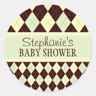 Neutral Green Yellow Argyle Baby Shower Sticker