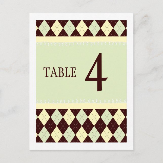 Neutral Green Yellow Argyle Table Number Card (Front)