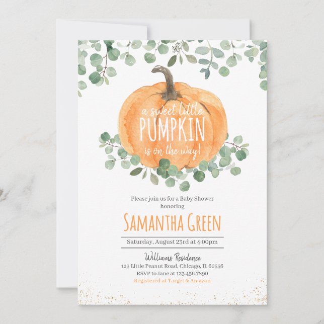 Neutral Greenery Orange Pumpkin Baby Shower Invitation (Front)