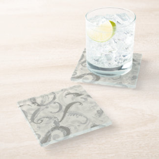 Neutral Grey and White Abstract Glass Coaster